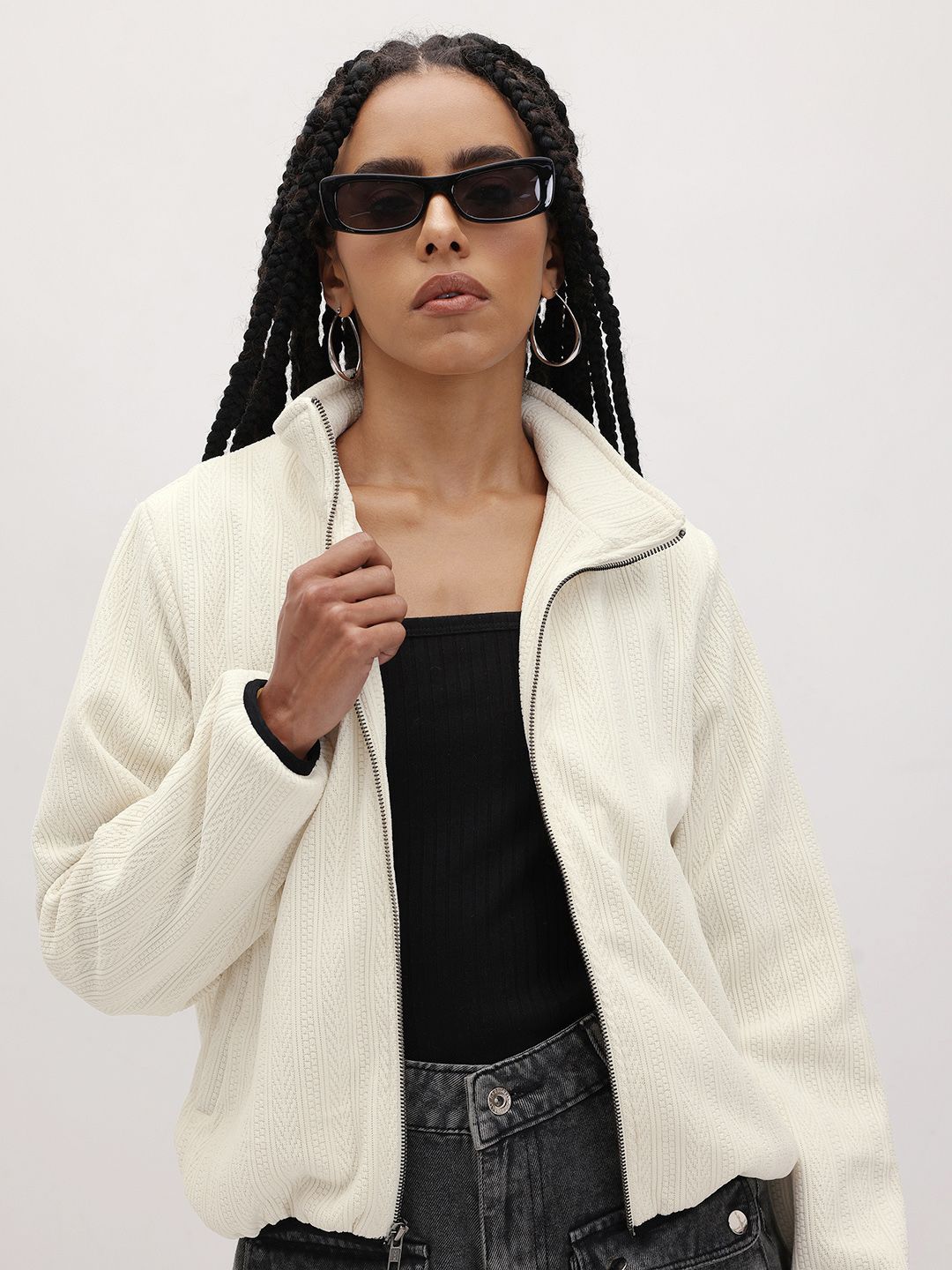 The Roadster Life Co. Self Striped Mock Collar Bomber Jacket-picture-10