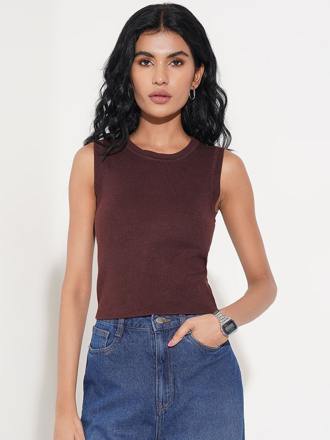 SF JEANS by Pantaloons Women Ribbed Round Neck Tank Crop Top-picture-39