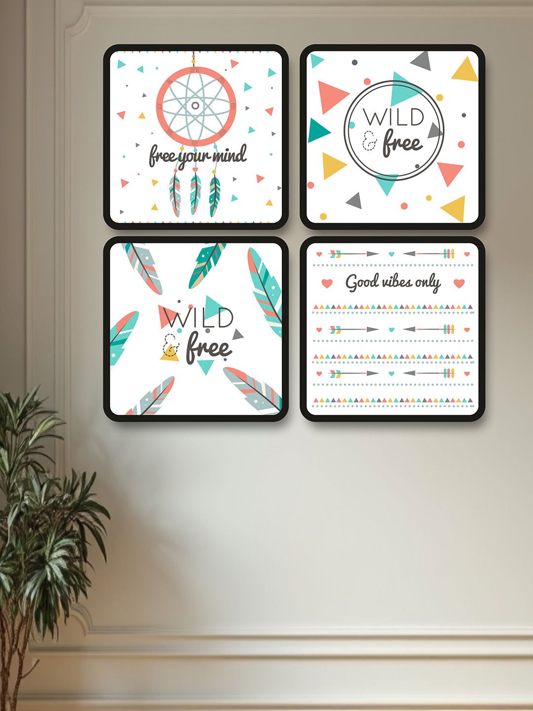 SAF White & Green 4-Pieces Boho Theme Printed Framed Wall Art-picture-14