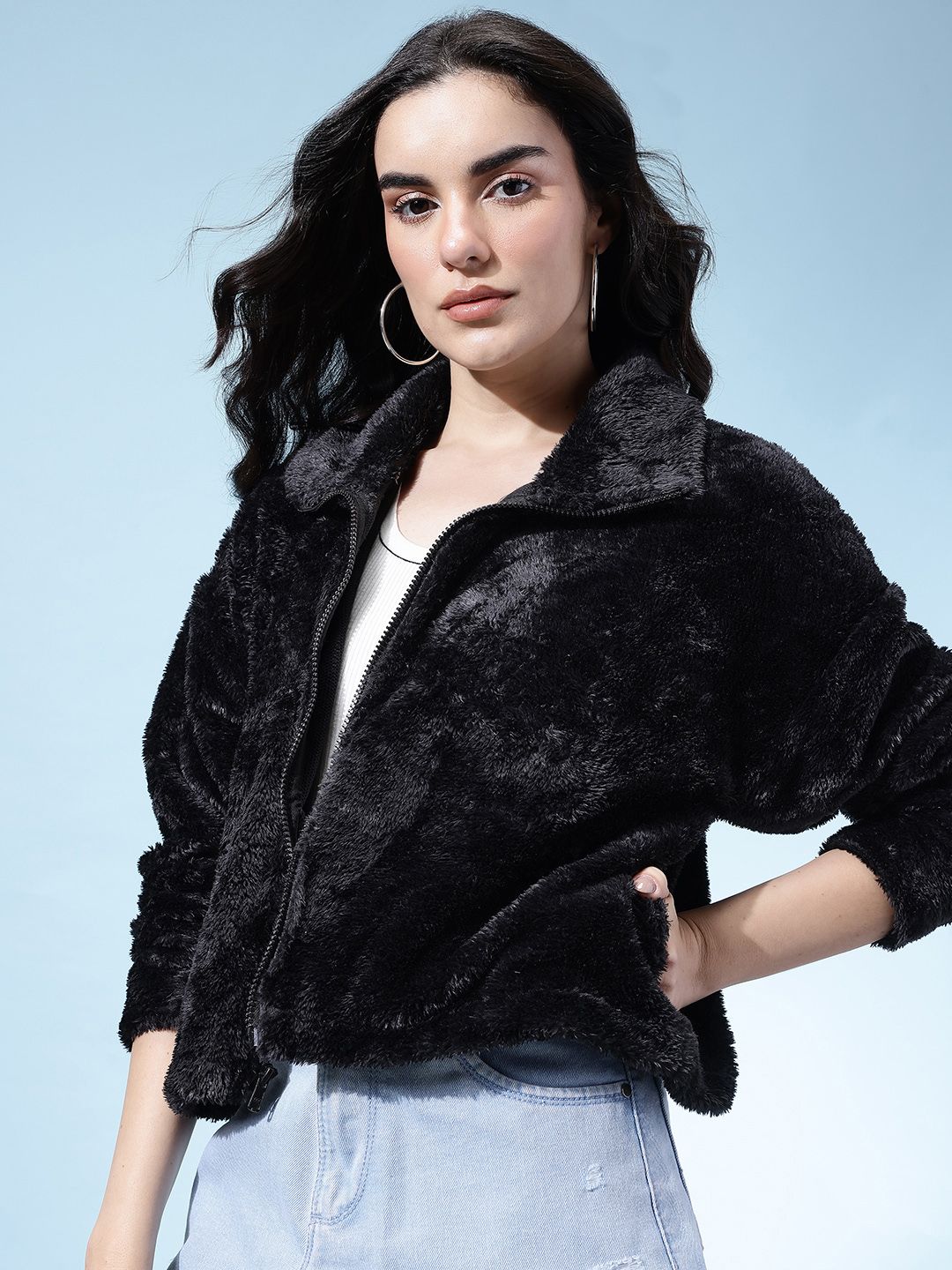 glitchez Faux Fur Trim Mock Collar Drop-Sleeves Relaxed Fit Crop Tailored Jacket-picture-14