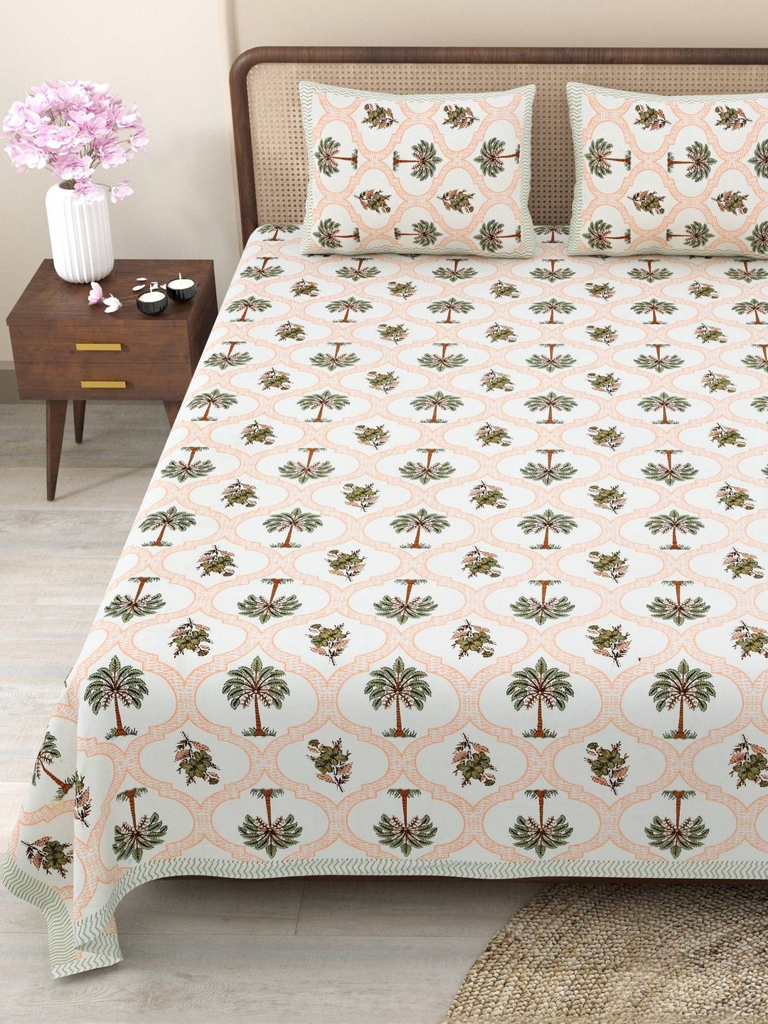 Myntra Elegant Homes Orange & Grey Floral 180 TC King Bedsheet with 2 Pillow Covers-picture-37