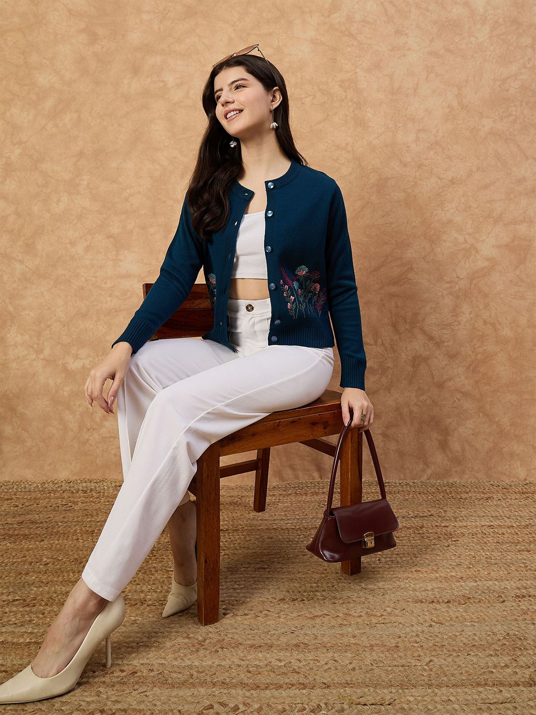 CLAPTON Women Embroidered Woollen Cardigan Sweater with Embroidered Detail-picture-13