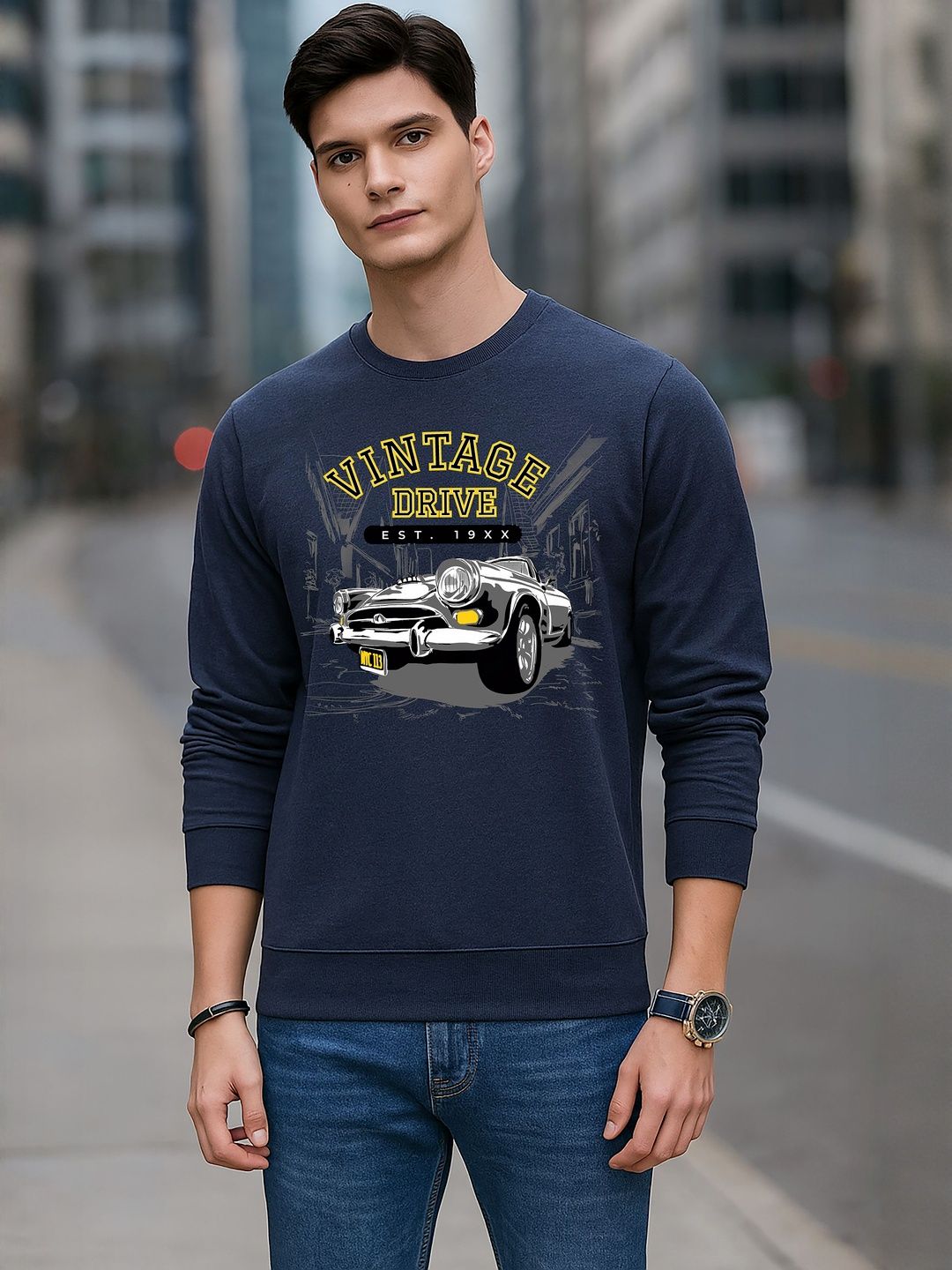 Moda Rapido Men Navy Blue Printed Round Neck Long Sleeves Fleece Ribbed Sweatshirt-picture-31