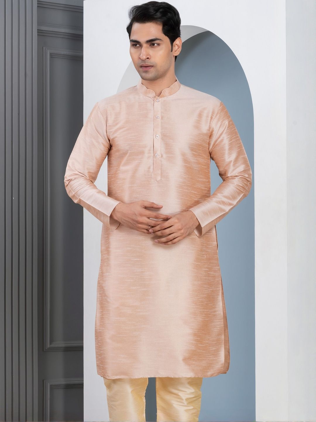 PulseIQ Men Woven Design Dupion Silk Straight Kurtas-picture-28