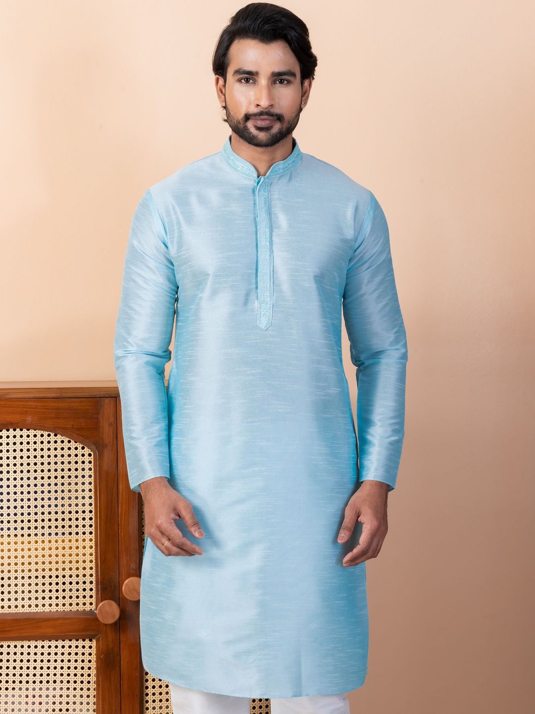 PulseIQ Men Woven Design Dupion Silk Straight Kurtas-picture-22