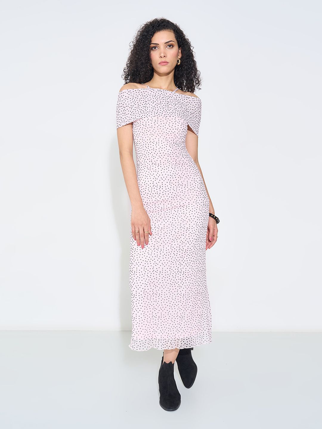 SF JEANS by Pantaloons Women Polka Dot Print Off-Shoulder Sheath Midi Dress-picture-34