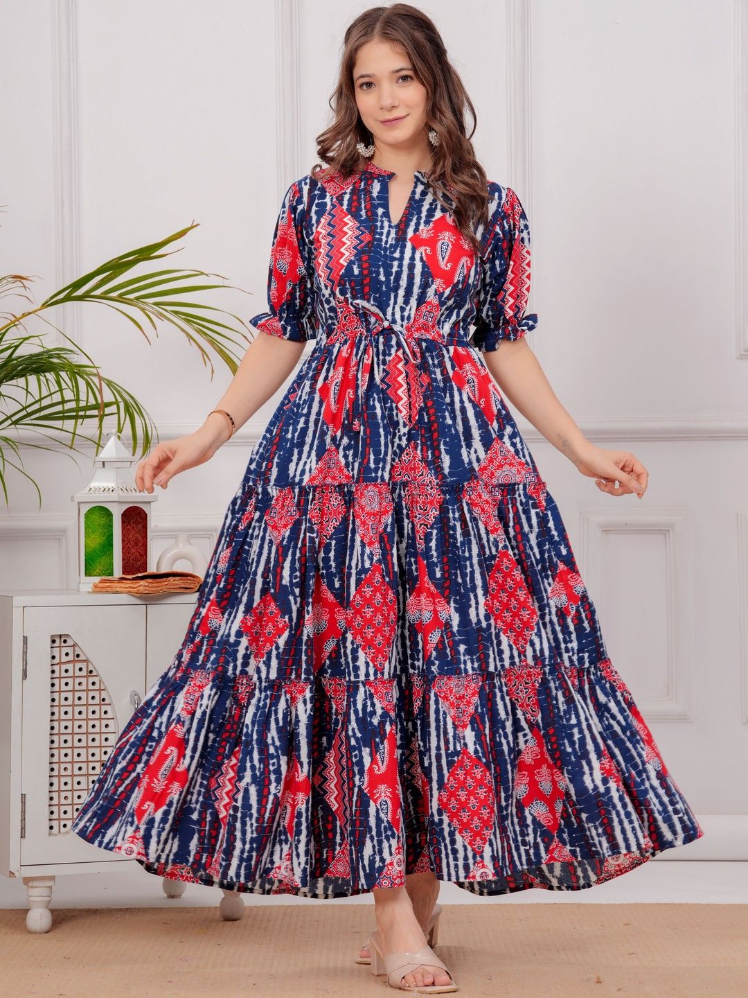 Clothi Fab Floral Printed Puff Sleeves Mandarin Collar Cotton Fit and Flare Ethnic Dress-picture-31