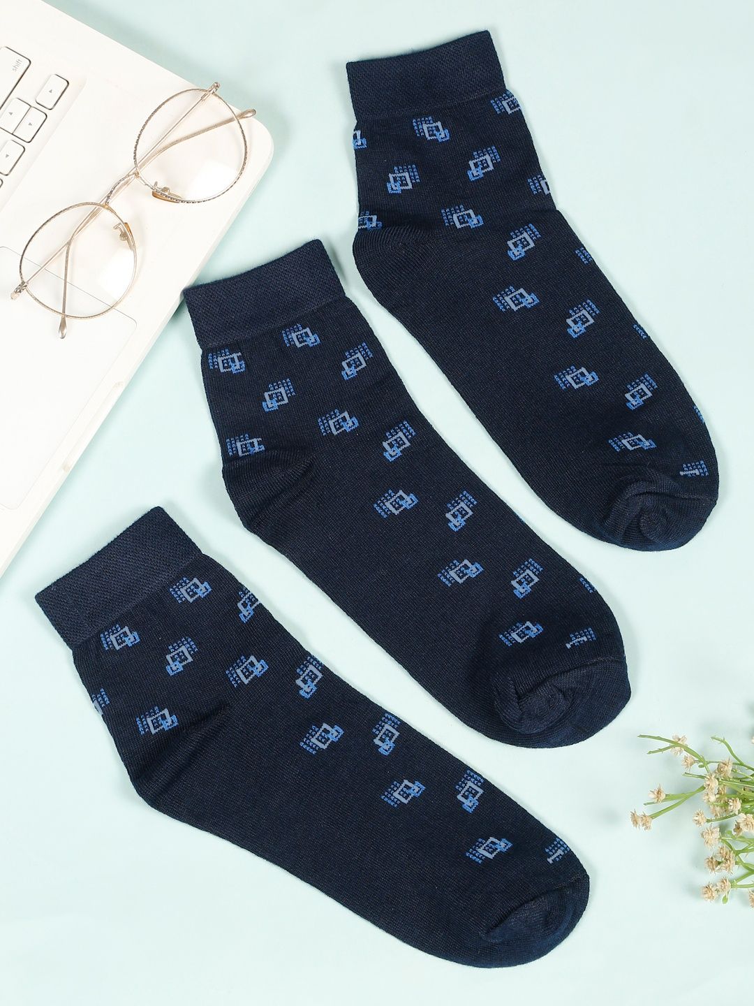 Teakwood Leathers Men Pack Of 3 Pure Cotton Patterned Above Ankle-Length Socks-picture-28