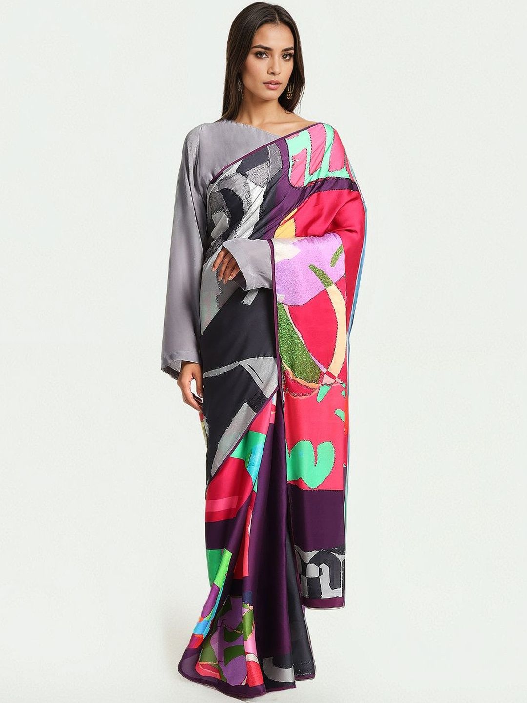Satya Paul Abstract printed Satin Saree-image-41