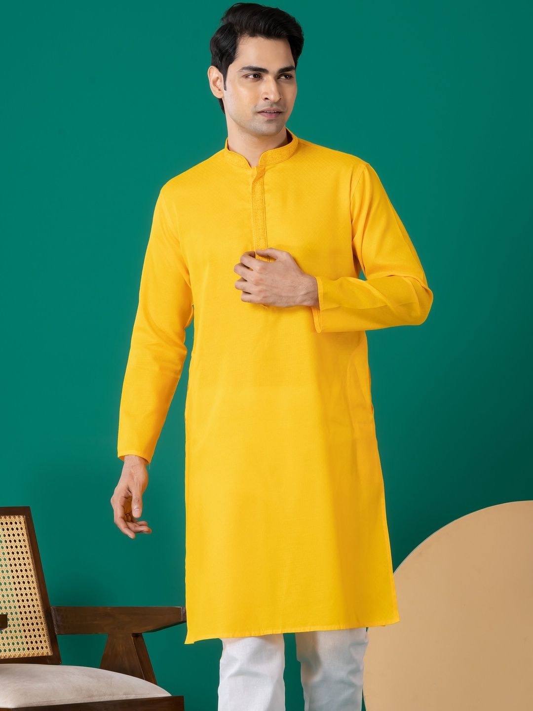 PulseIQ Men Woven Design Cotton Straight Kurtas-picture-37
