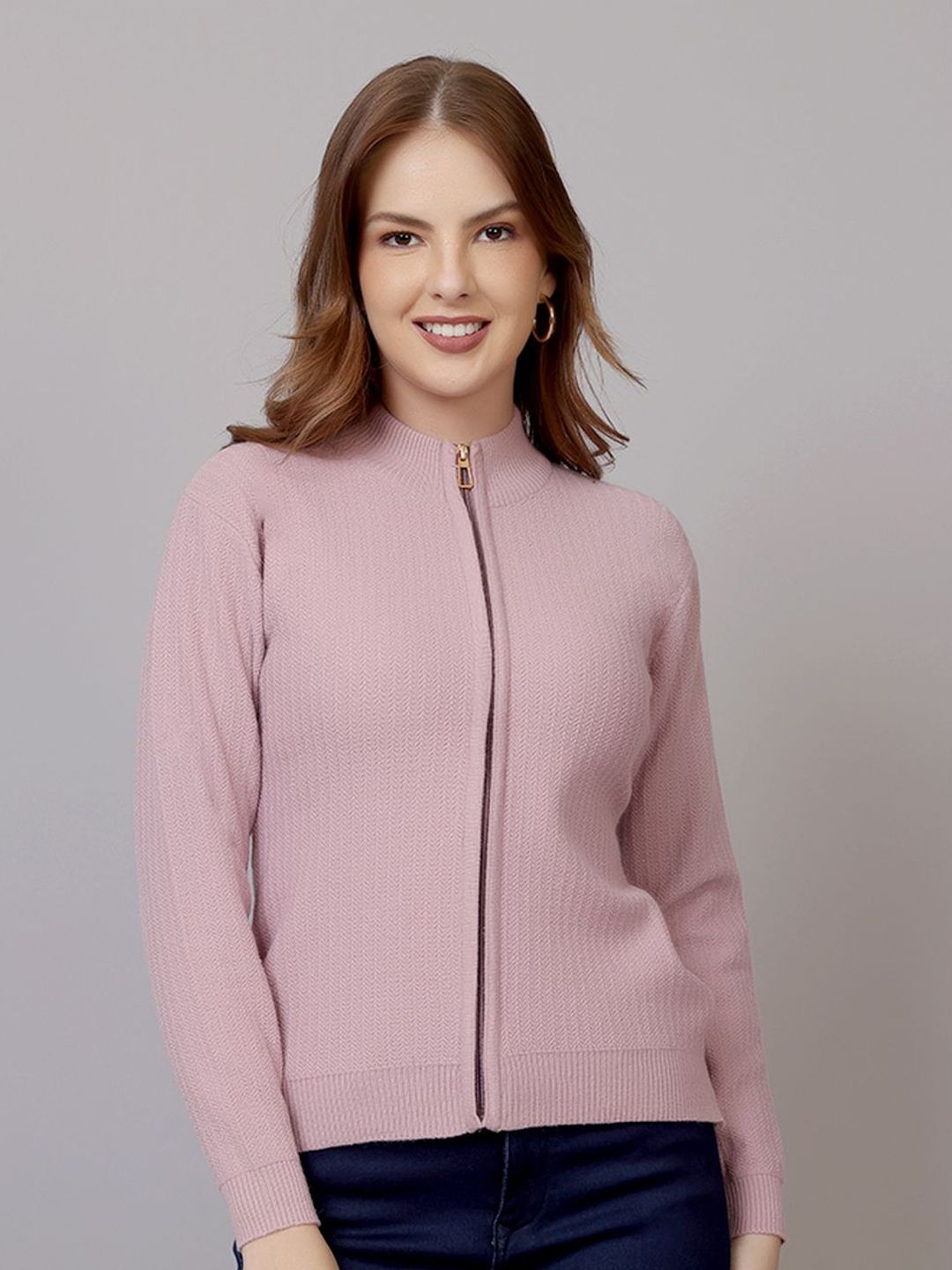 FEVERFEW Women Striped Woollen Cardigan with Zip Detail Detail-picture-58
