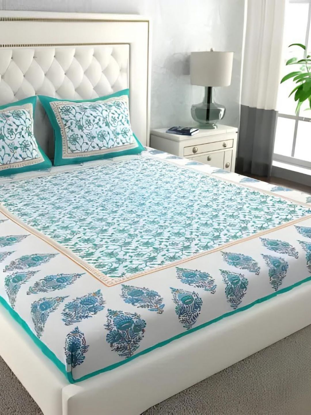 UNIBLISS White & Sea Green Floral 144 TC Queen Bedsheet with 2 Pillow Covers-picture-52