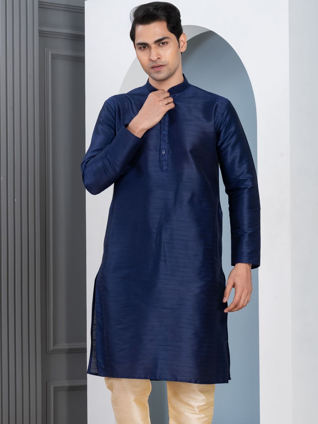 PulseIQ Men Woven Design Dupion Silk Straight Kurtas-picture-30