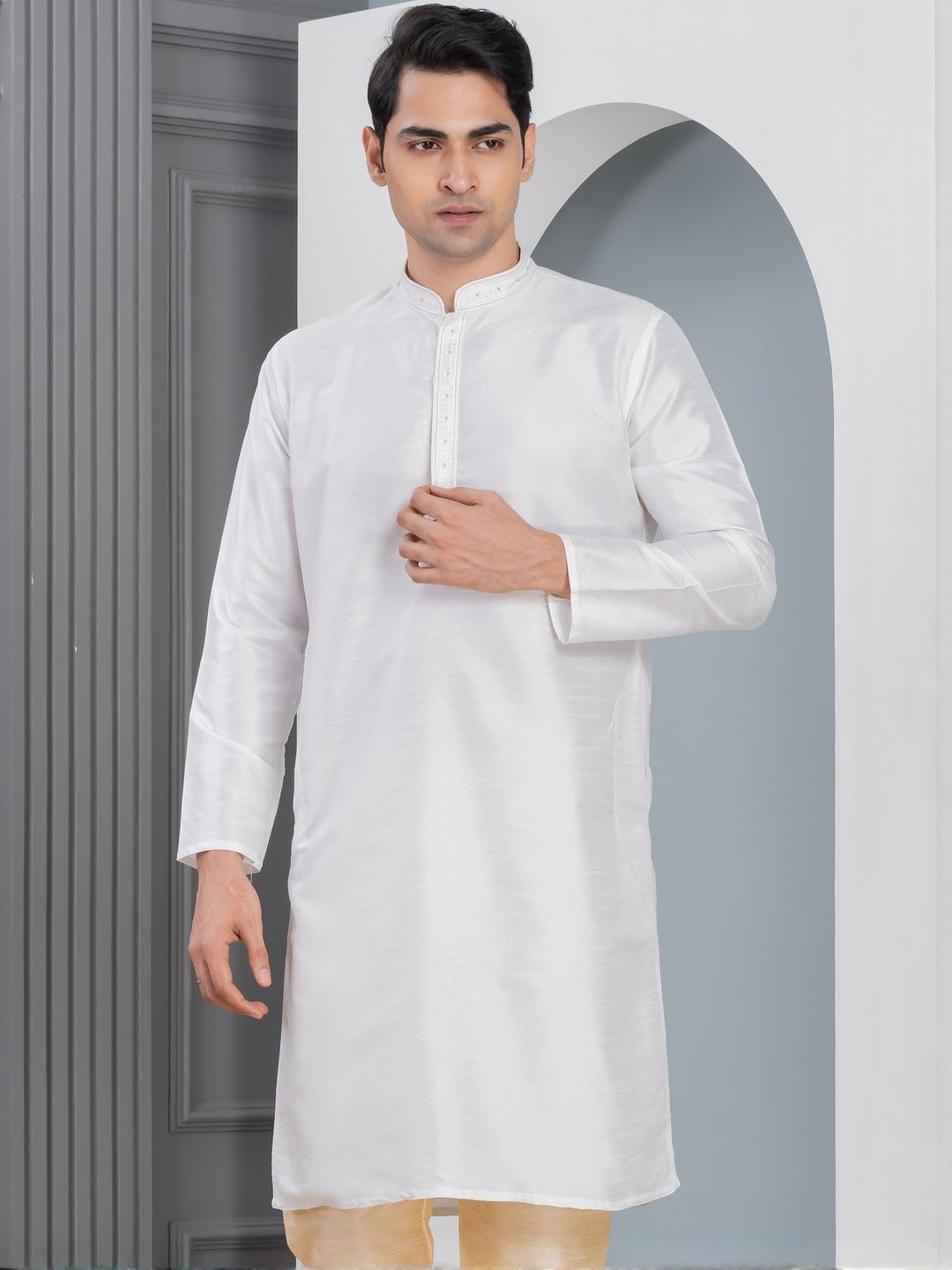 PulseIQ Men Woven Design Dupion Silk Straight Kurtas-picture-29