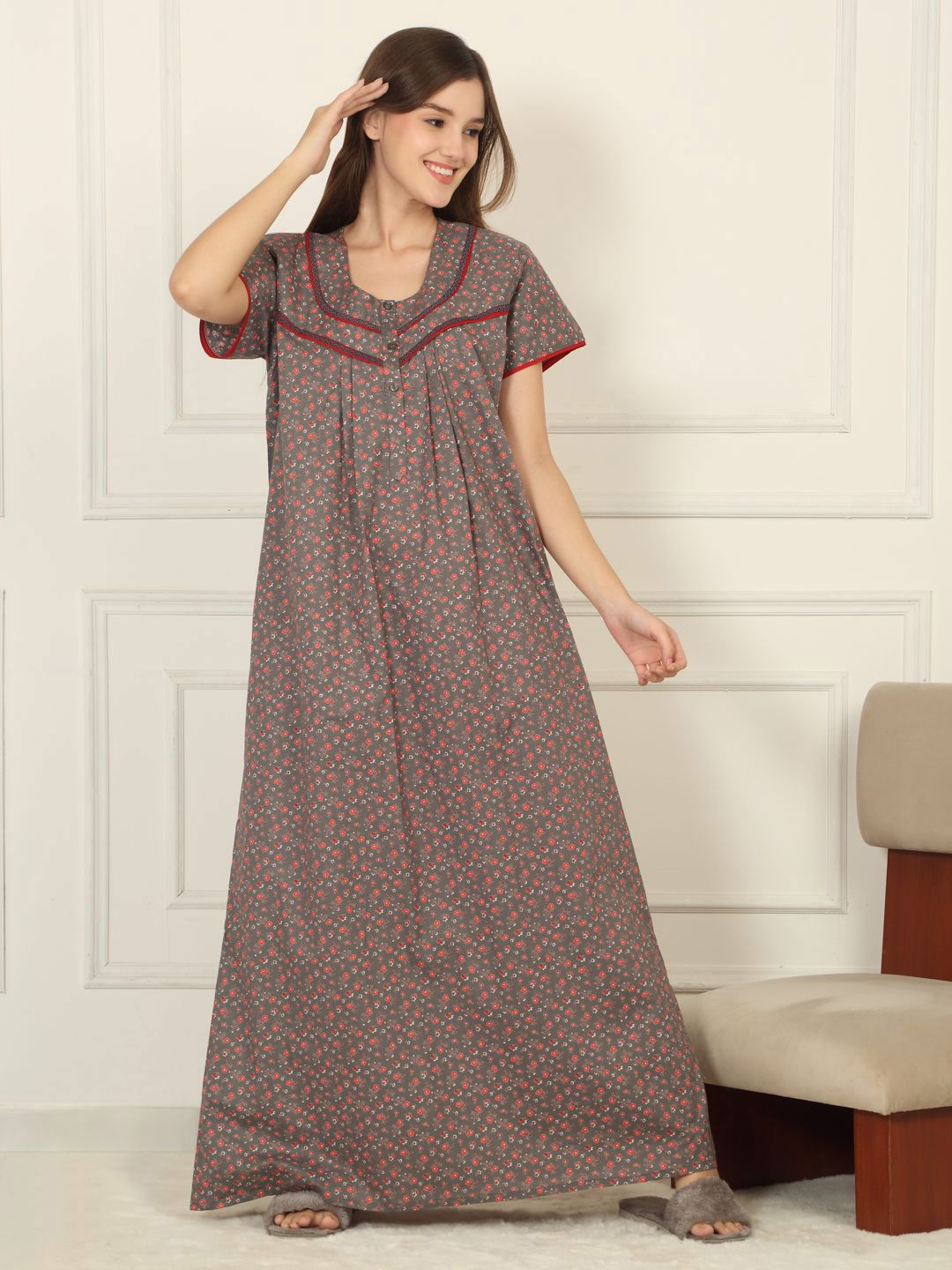 Sweet Dreams Floral Printed Round Neck Pure Cotton Maxi Nightdress-picture-33