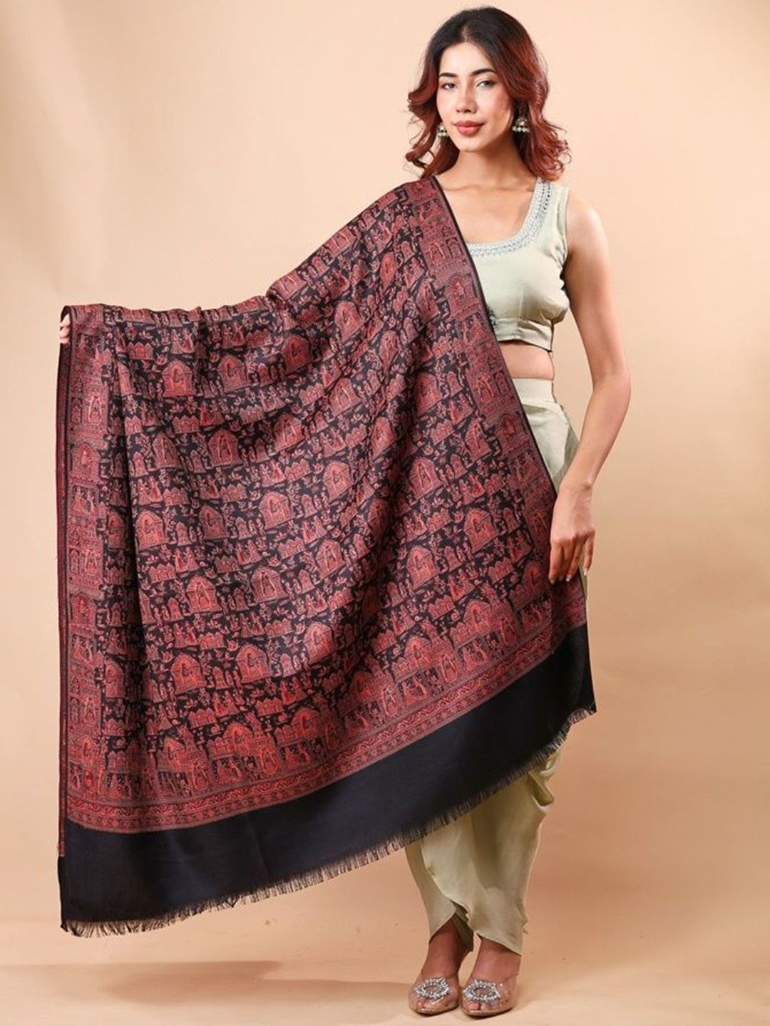 THE SHAWL STUDIO Ethnic Motifs Woven Design Reversible Pure Woollen Shawl-picture-11