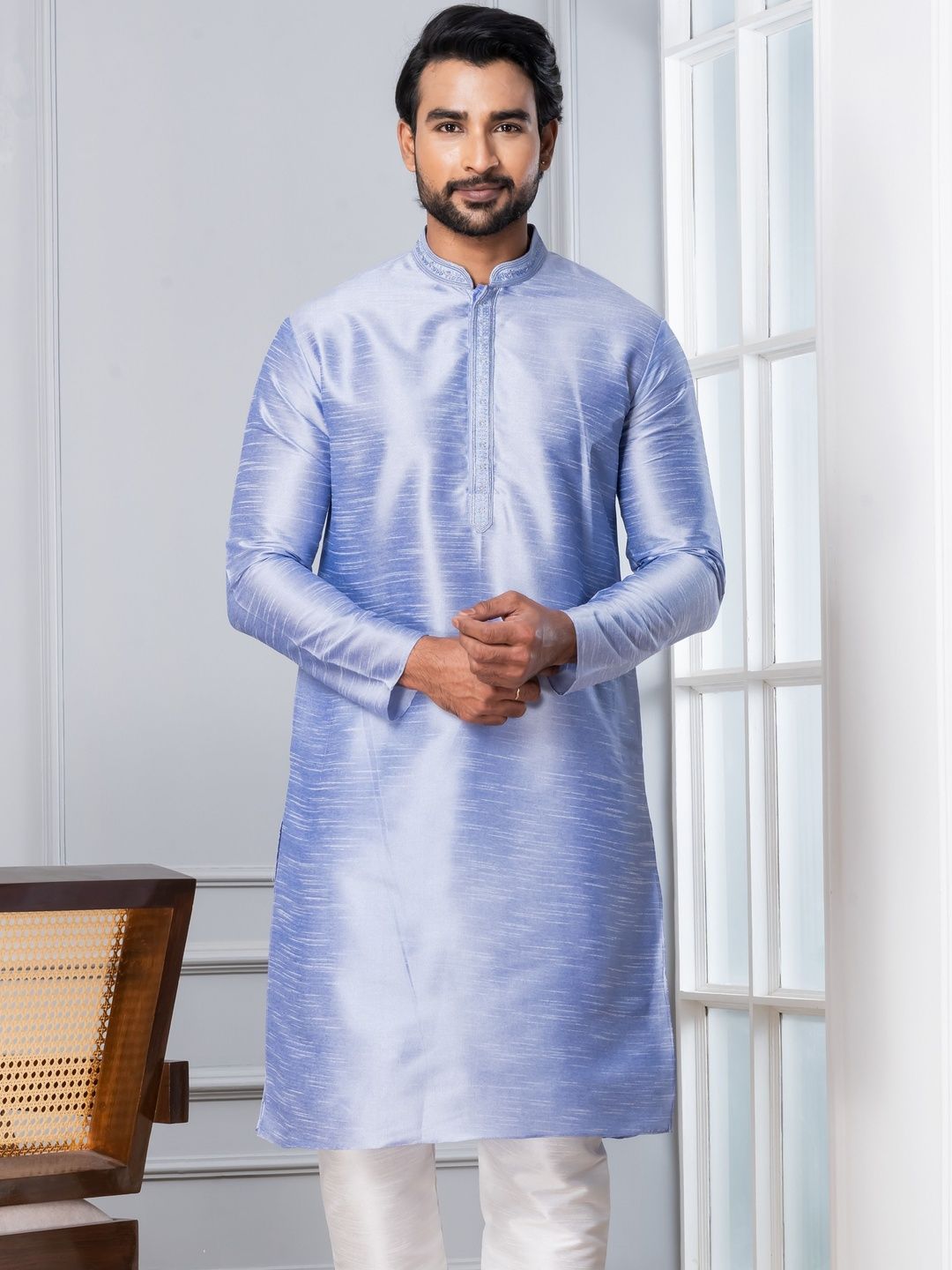 PulseIQ Men Woven Design Dupion Silk Straight Kurtas-picture-21