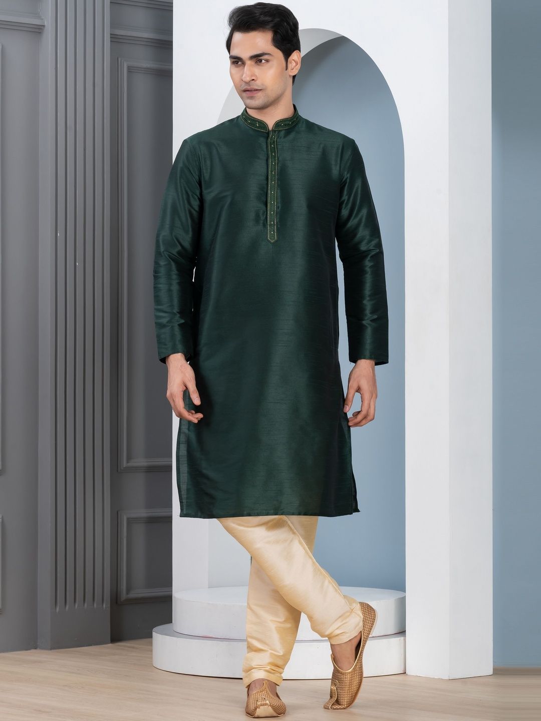 PulseIQ Men Woven Design Dupion Silk Straight Kurtas-picture-20