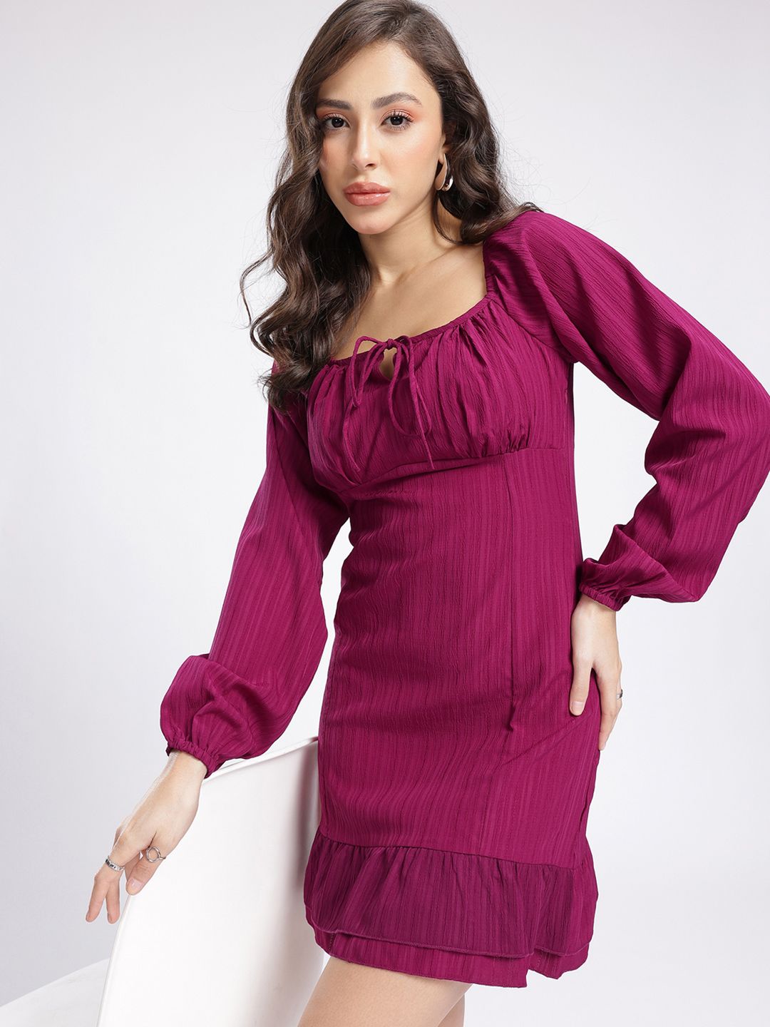 glitchez Square Neck Puff Sleeve Self-Design Gathers Tie-Up Detail A-Line Mini Dress-picture-14
