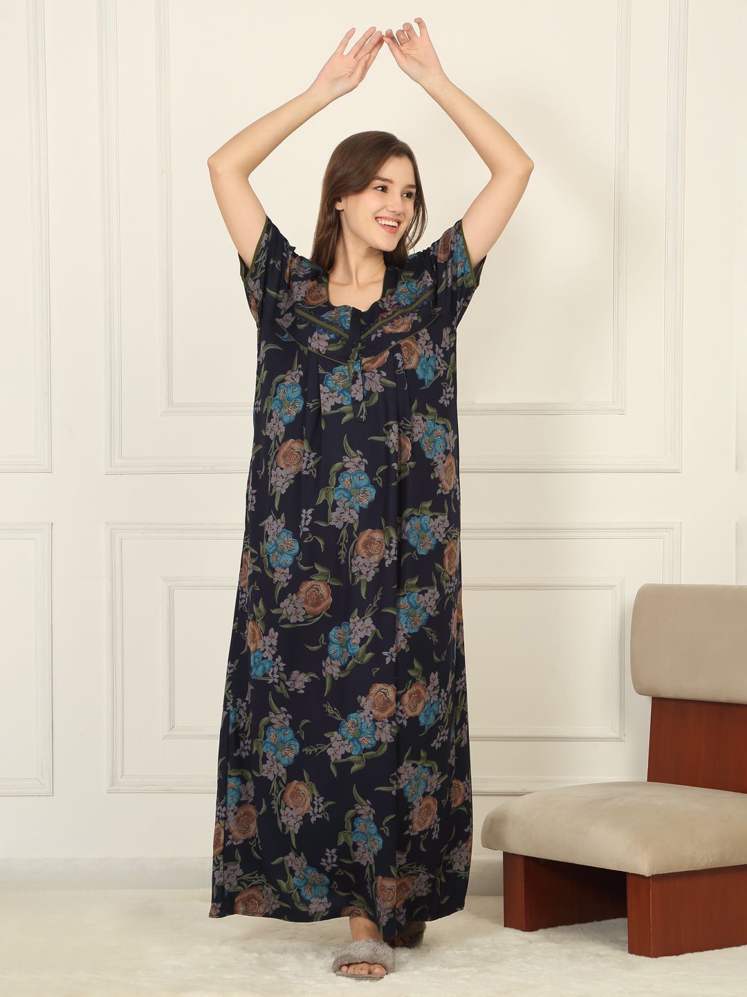 Sweet Dreams Women Floral Printed Round Neck Maxi Nightdress-picture-27