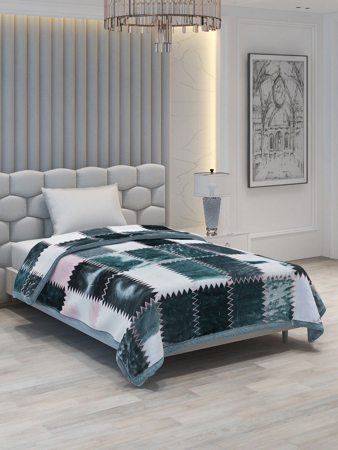 Monte Carlo Green & White Geometric Printed Heavy Winter Single Bed Blanket 994 GSM-image-12