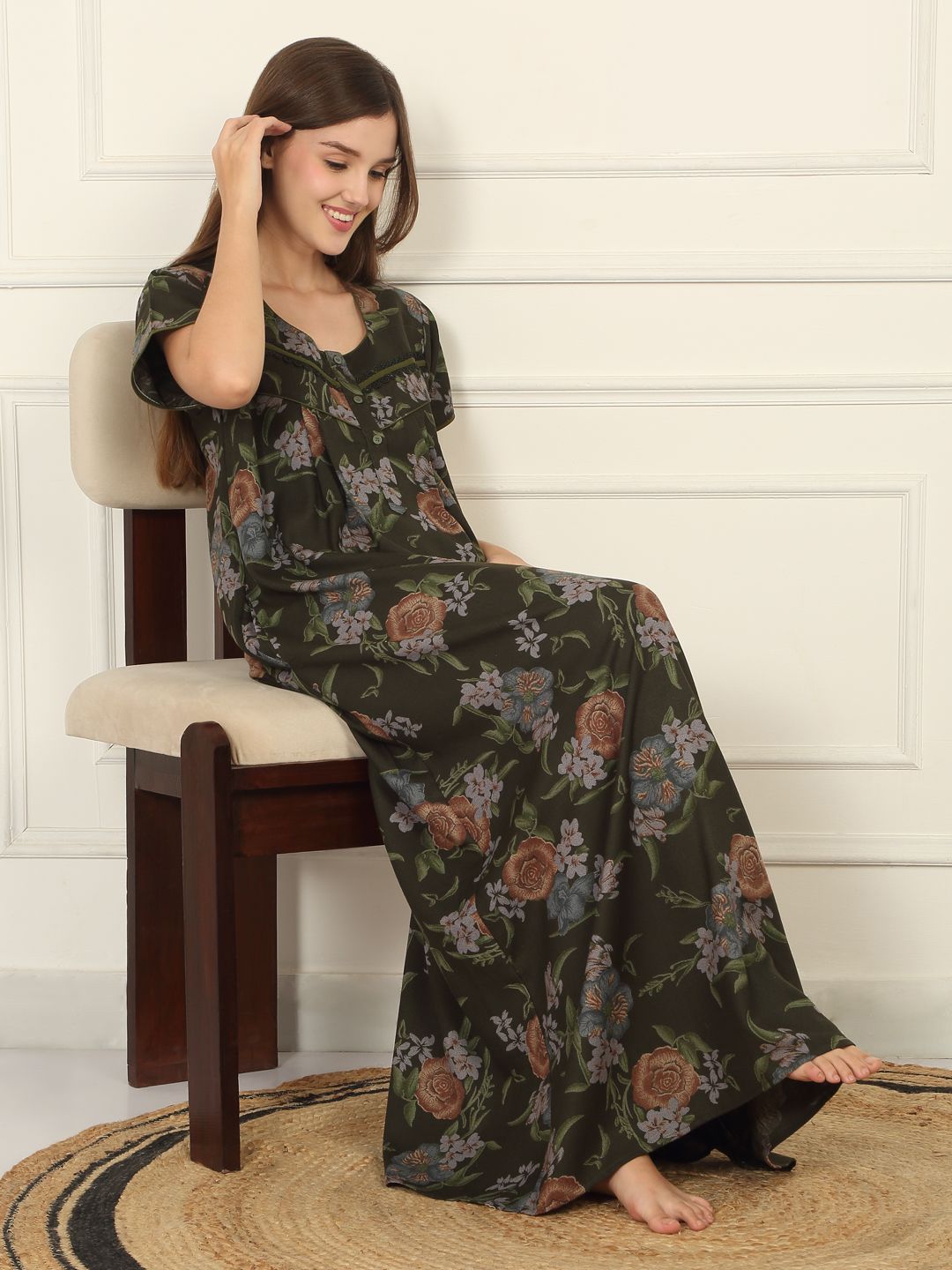 Sweet Dreams Women Printed Round Neck Pure Cotton Maxi Nightdress-picture-35