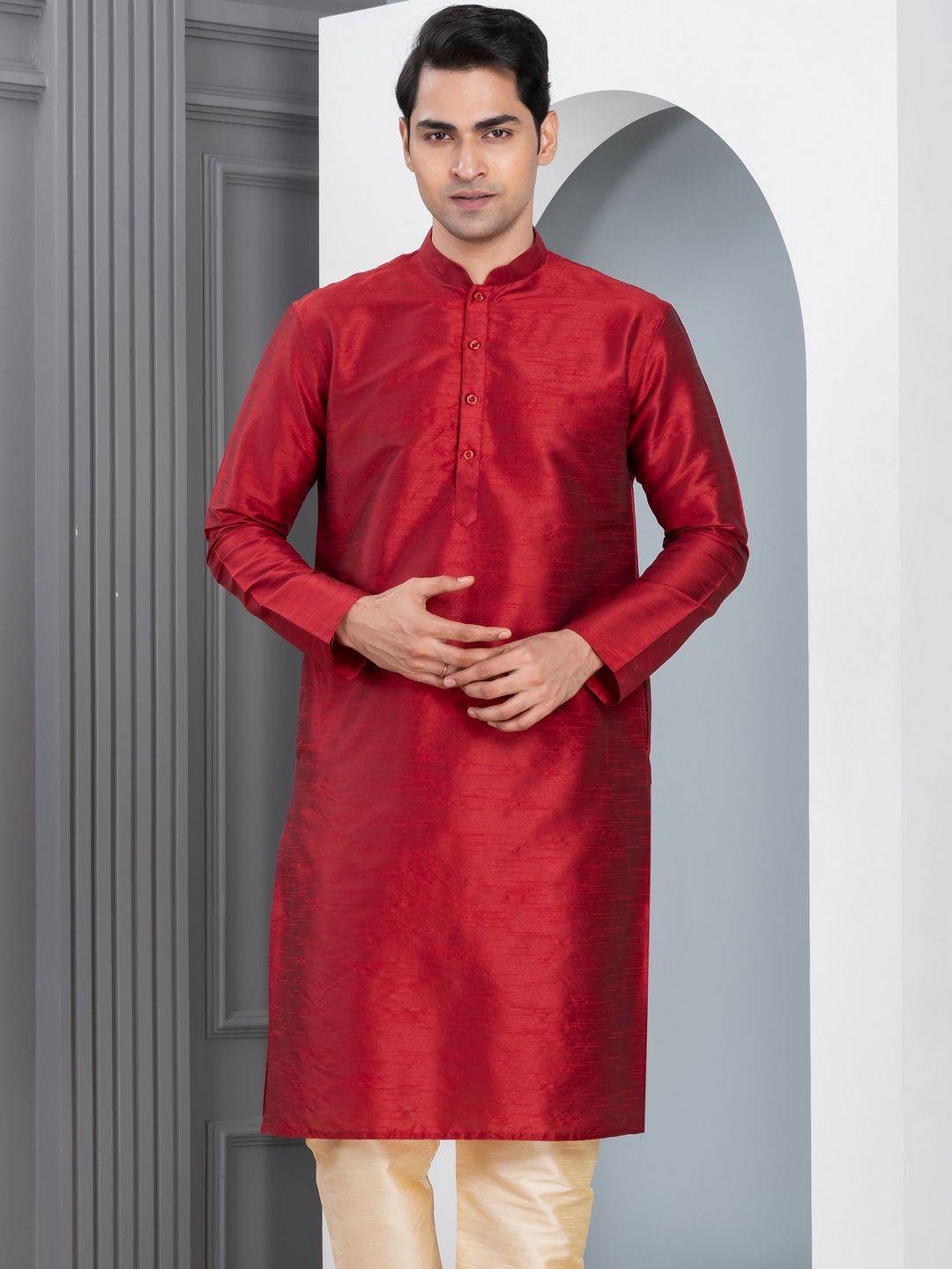 PulseIQ Men Woven Design Dupion Silk Straight Kurtas-picture-31