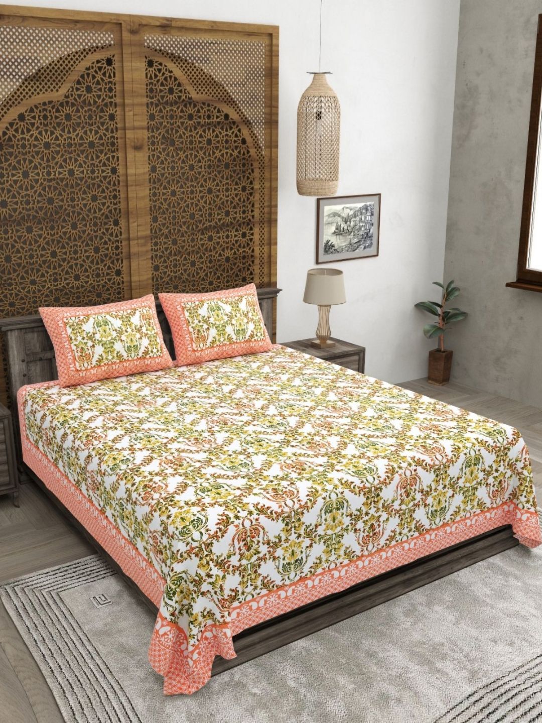 CLOTHOLOGY White & Orange Floral 180 TC King Bedsheet with 2 Pillow Covers-picture-51