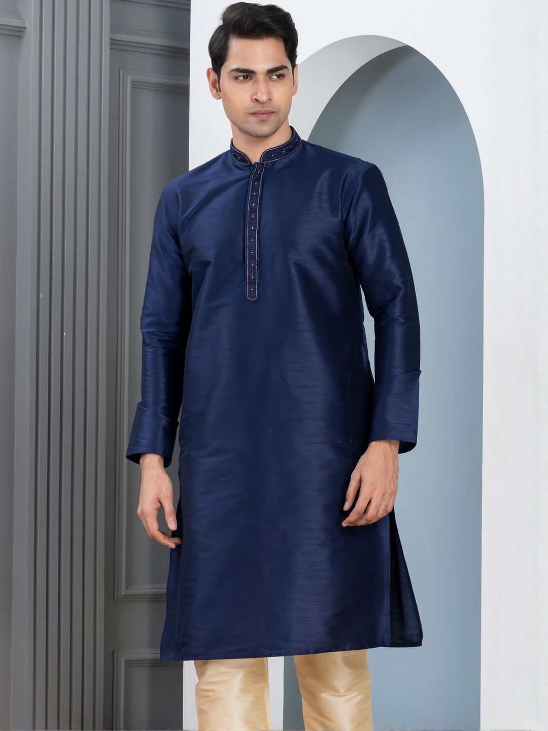 PulseIQ Men Woven Design Dupion Silk Straight Kurtas-picture-24