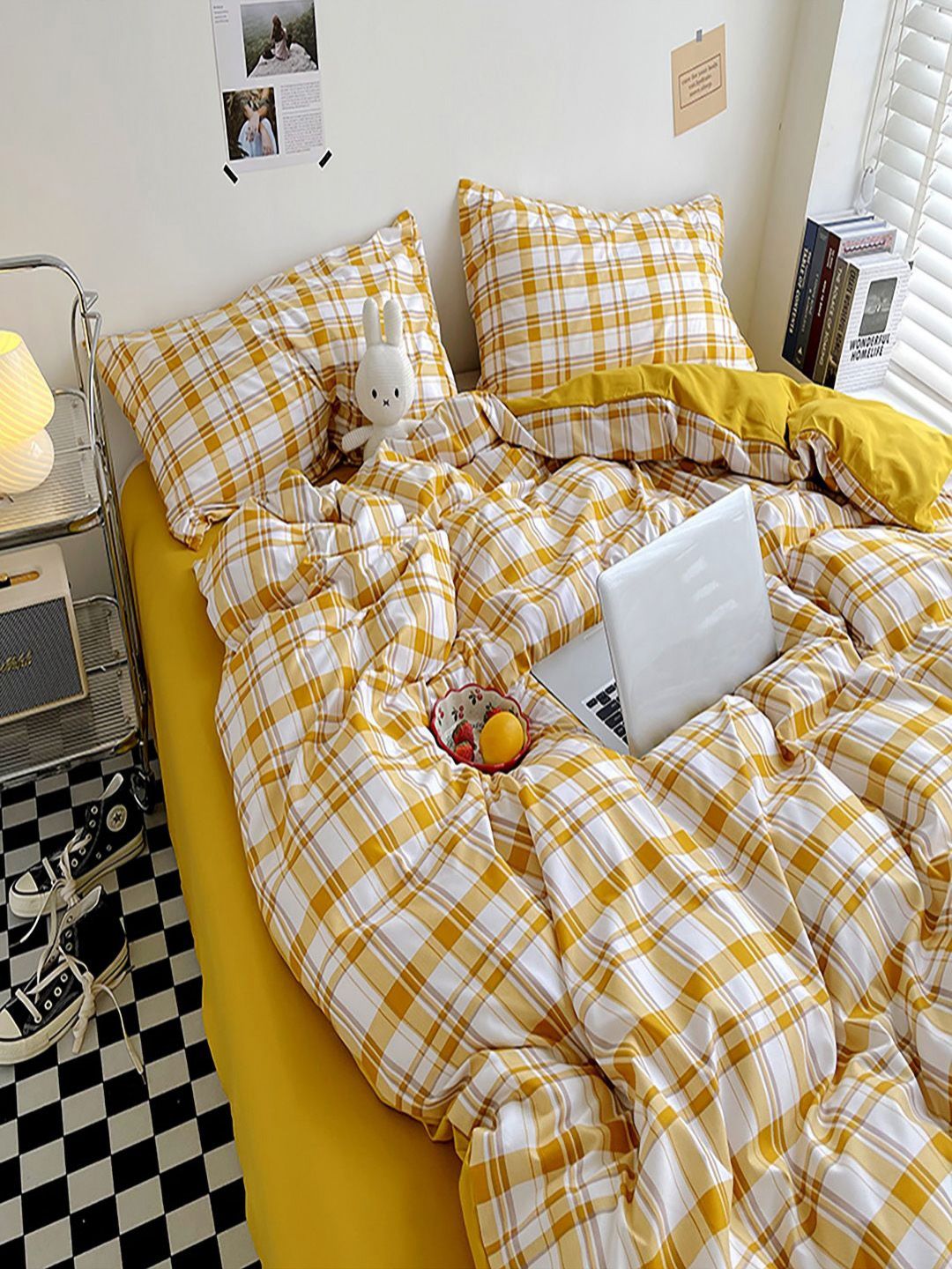 JC HOME Yellow & White Checked Printed AC Room Single Bedding Set-picture-30