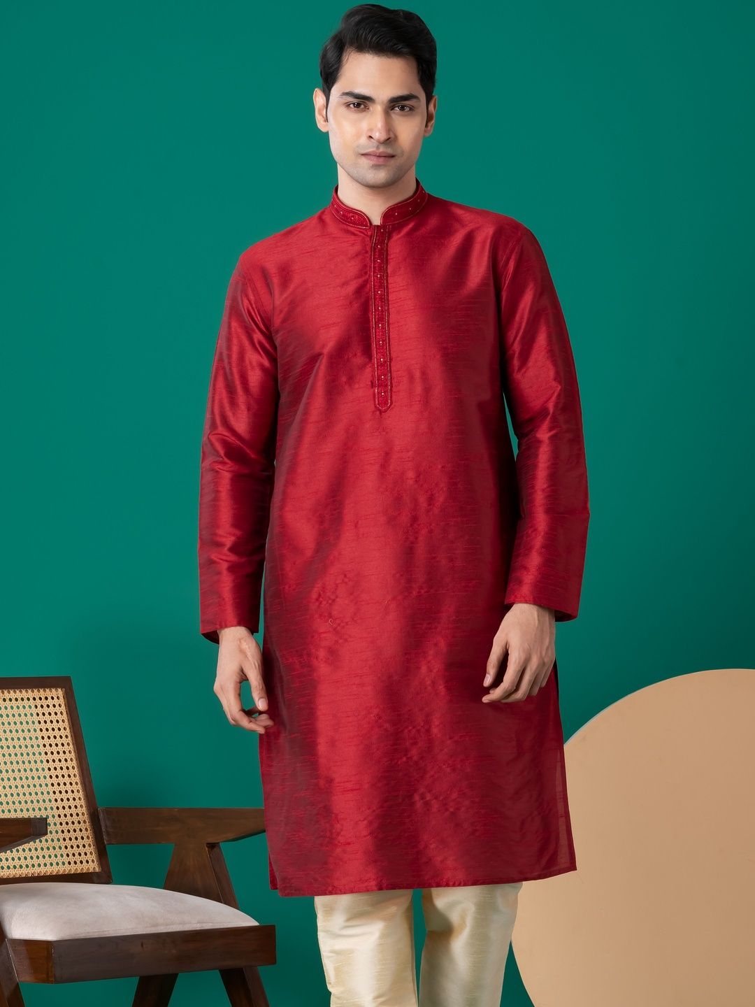 PulseIQ Men Woven Design Dupion Silk Straight Kurtas-picture-26