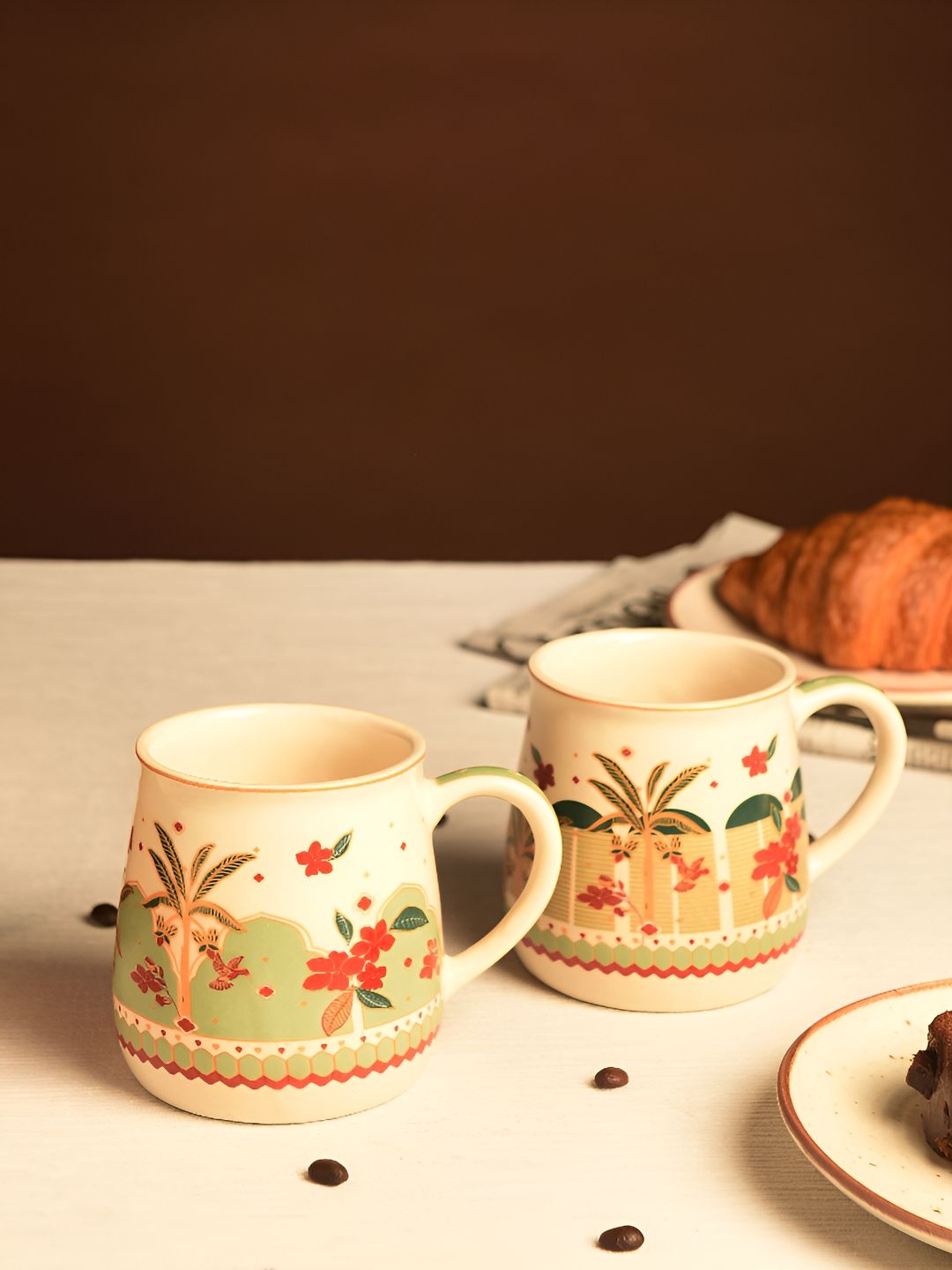 JAYPORE Cream-Coloured & Red Printed Stoneware Matte Mugs Set of Cups and Mugs-picture-5
