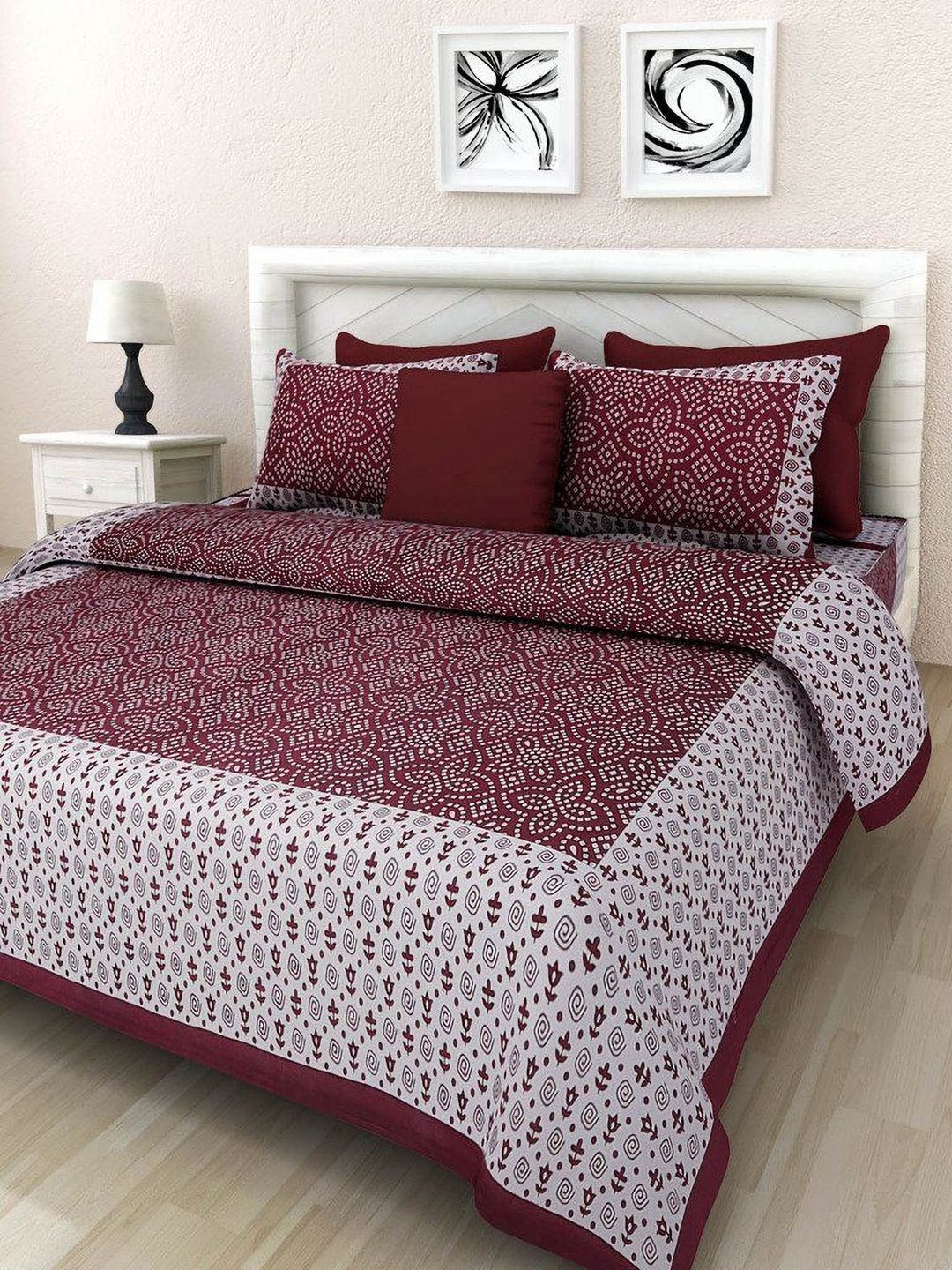 UNIBLISS Maroon & White Floral 144 TC Queen Bedsheet with 2 Pillow Covers-image-36