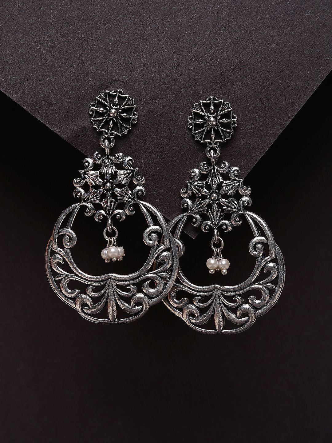 LIMEROAD Silver Plated Oxidised Floral Chandbalis Earrings-image-4