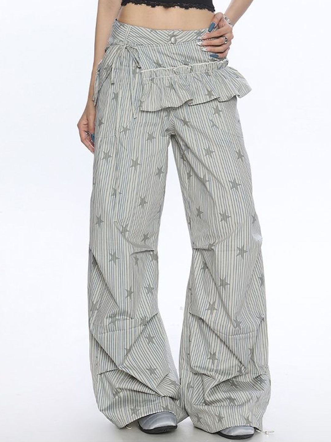 LULU & SKY Women Striped Printed Wide Leg High-Rise Ruffle Trousers-picture-41