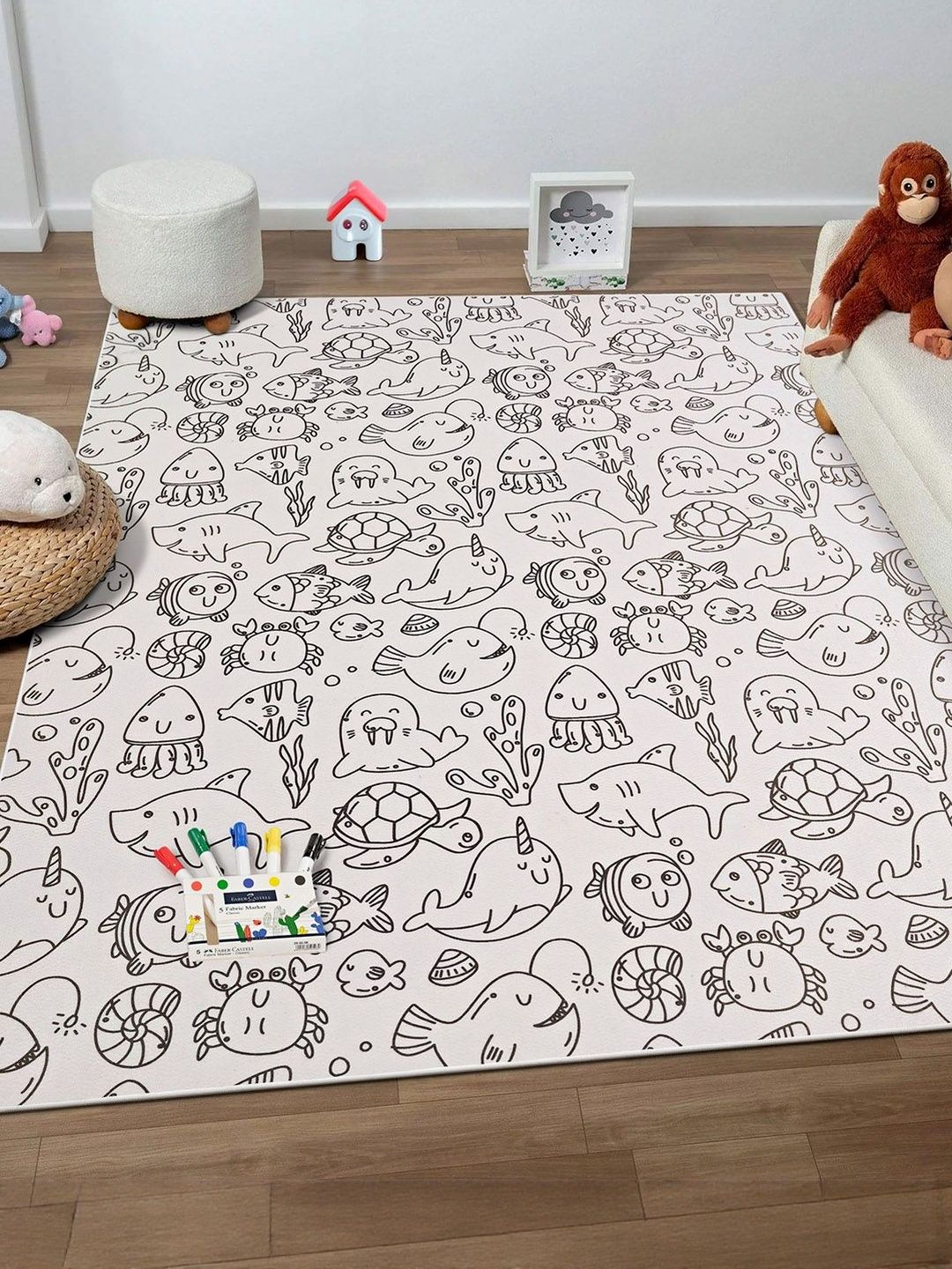 Kaleen India Kids Black Anti-Skid Polyester Doodle Coloring Rugs With Fabric markers-image-2