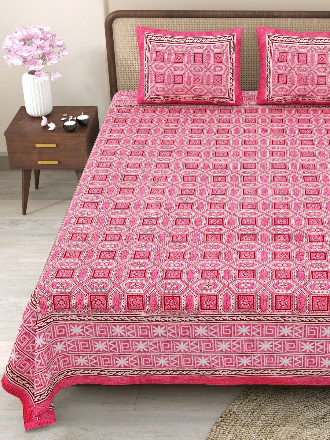 Myntra Elegant Homes Pink & White Ethnic Motifs 180 TC King Bedsheet with 2 Pillow Covers-picture-11