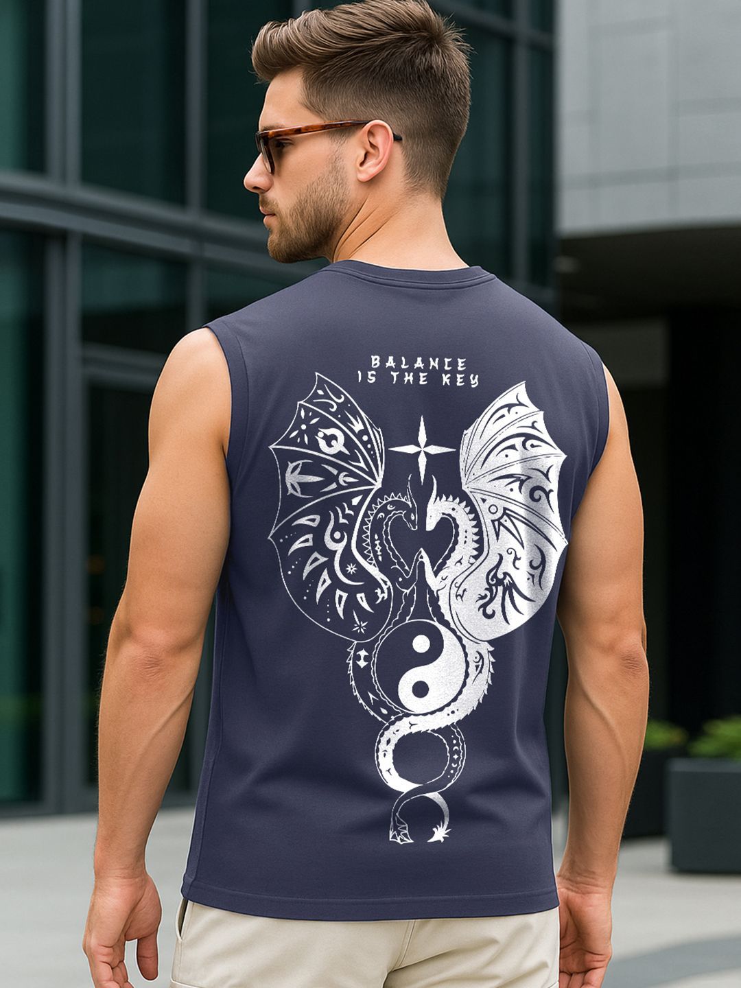 Bewakoof Men Navy Blue Seek Balance Graphic Printed Boxy Fit Vest-picture-10