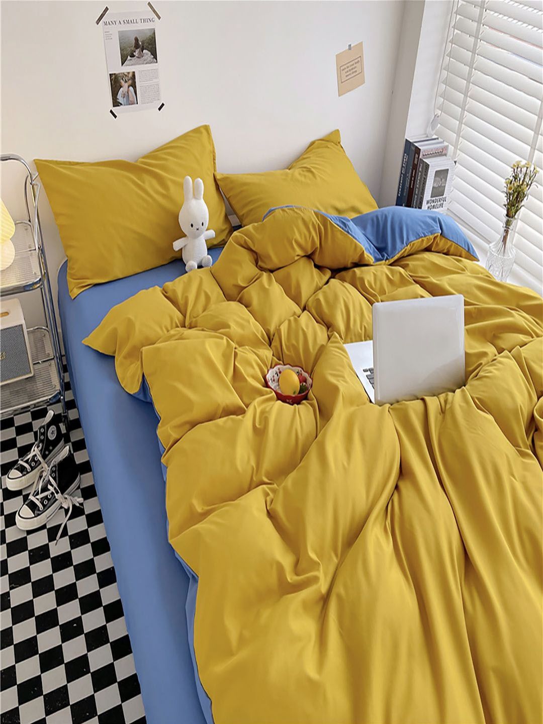 JC HOME Blue & Mustard Solid Polycotton 4 Piece Single Regular Bedding Set-picture-41