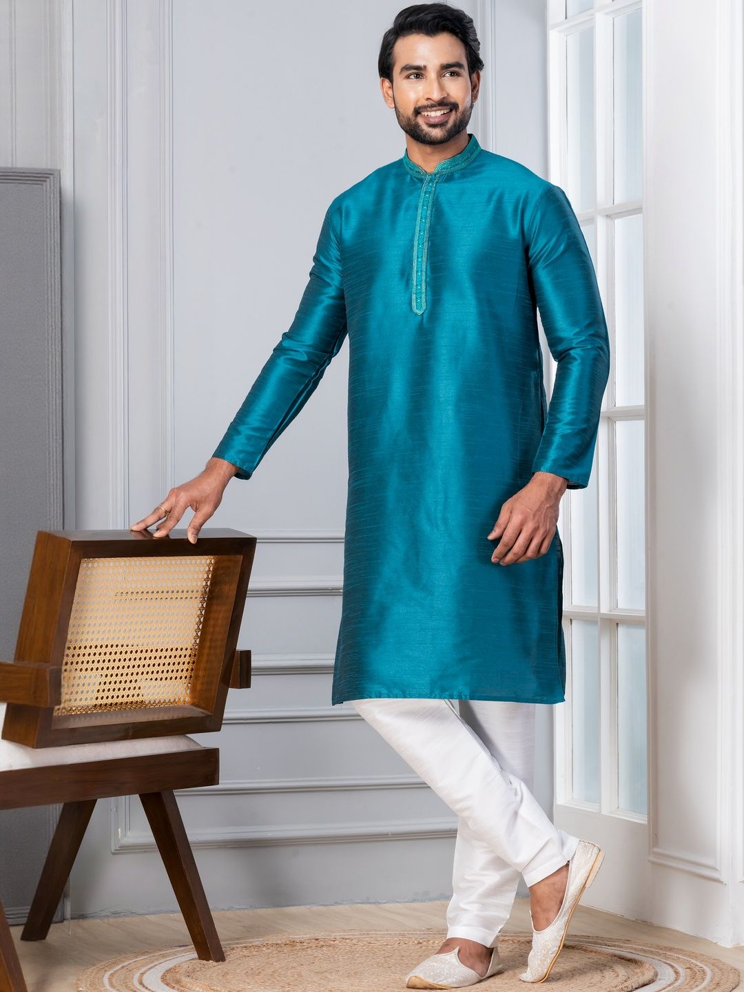PulseIQ Men Woven Design Dupion Silk Straight Kurtas-picture-16