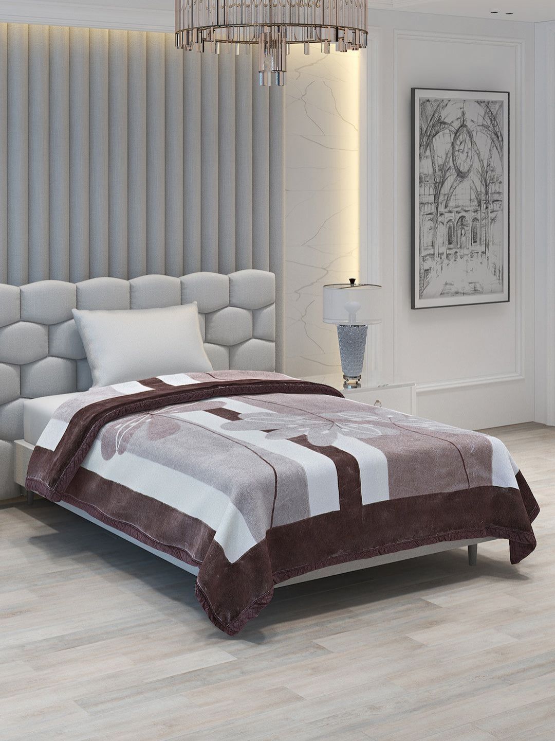 Monte Carlo Brown & White Striped Printed Heavy Winter Single Bed Blanket 994 GSM-image-15
