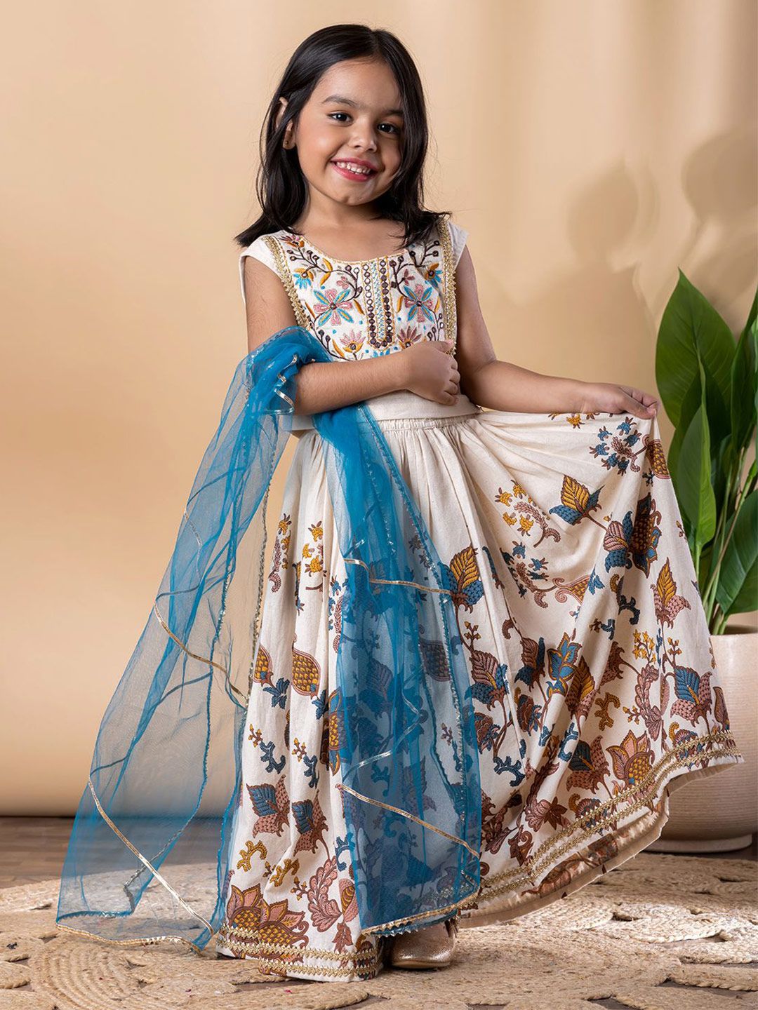 Readiprint Girls Embroidered Kalamkari Ready To Wear Cotton Lehenga & Blouse With Dupatta-picture-31