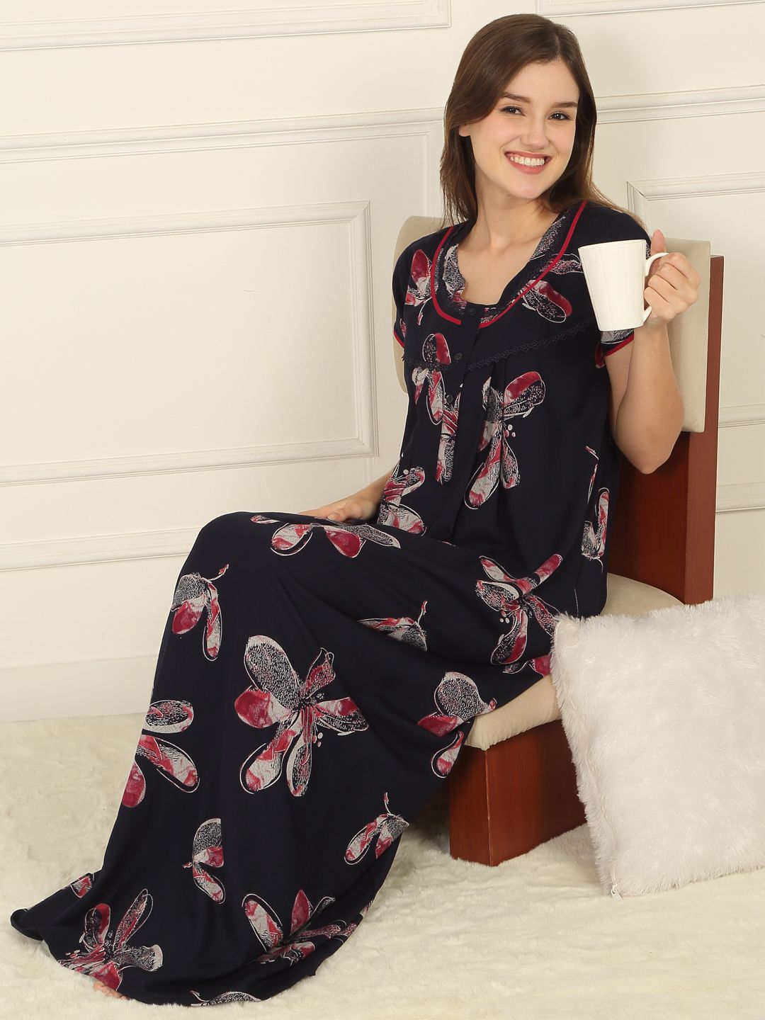 Sweet Dreams Floral Printed Round Neck Pure Cotton Maxi Nightdress-picture-32