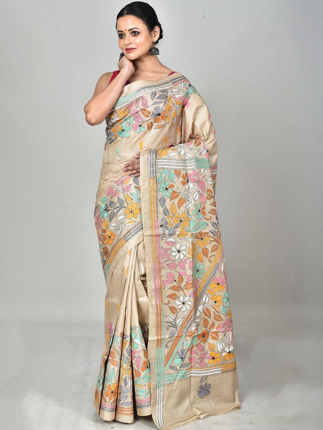 RAM SHYAM collection Women Floral Kantha Embroidered Saree-picture-28