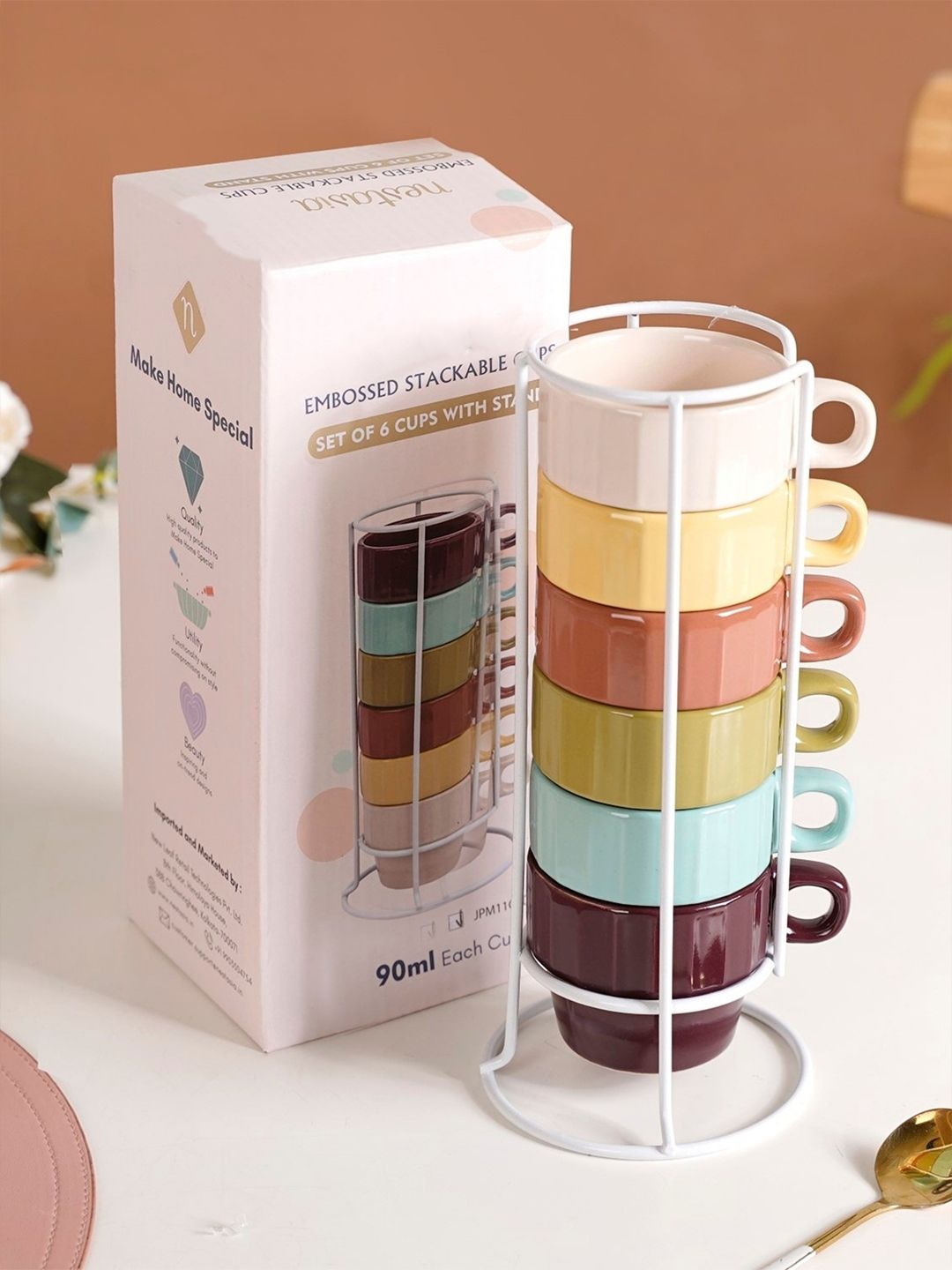 Nestasia Green & Brown 7 Pieces Ceramic Glossy Mugs with Holder-picture-29