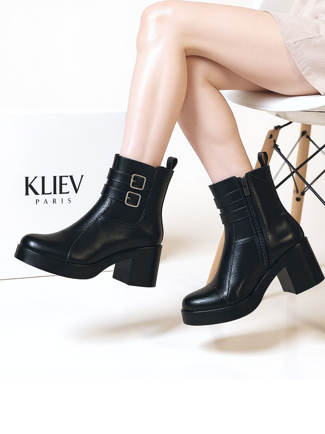 Kliev Paris Women Textured Double Buckle Block-Heeled Regular Boots-image-8