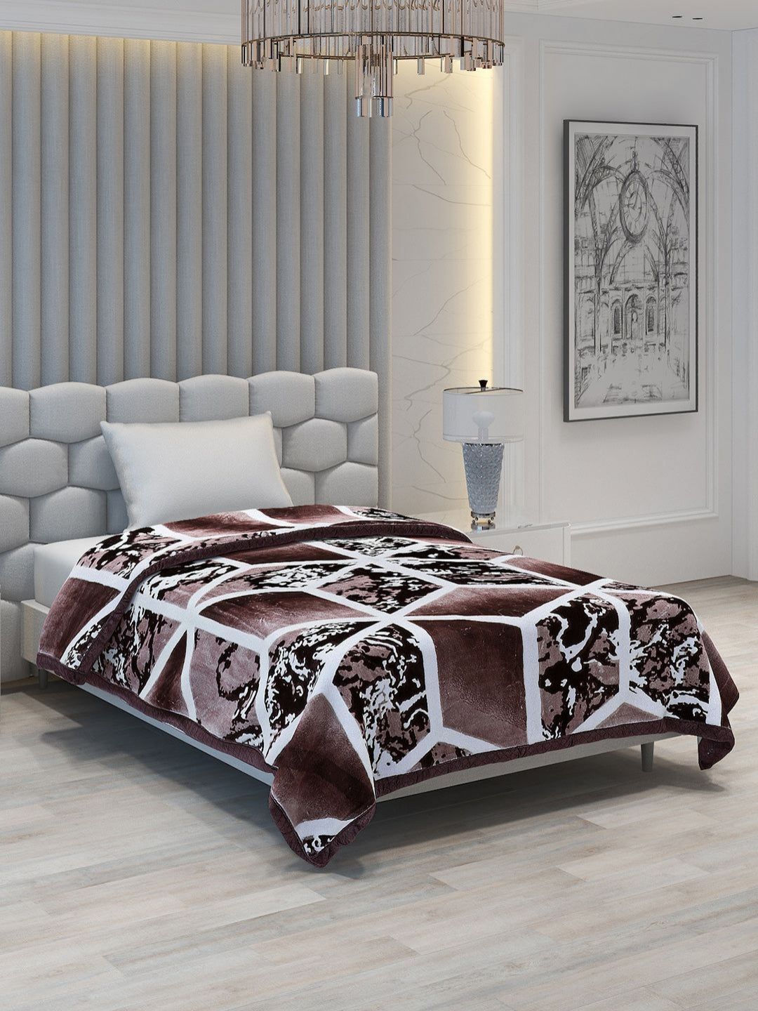 Monte Carlo White & Brown Abstract Printed Heavy Winter Single Bed Blanket 994 GSM-picture-15