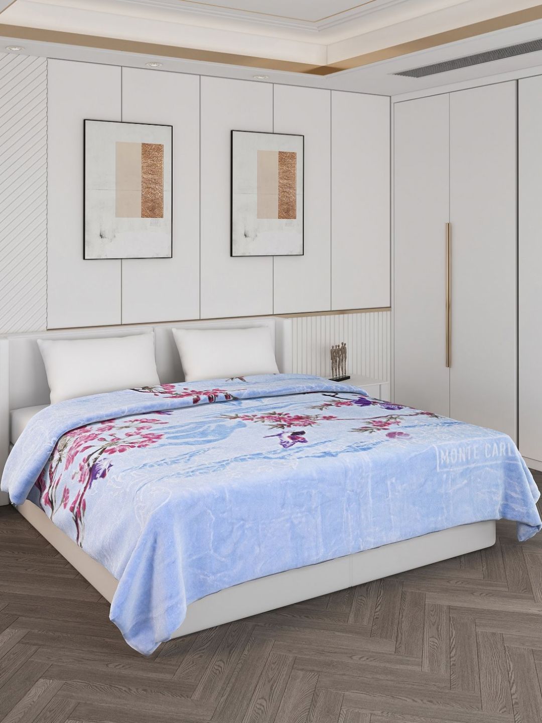 Monte Carlo Blue & Pink Floral Printed Heavy Winter Double Bed Blanket 890 GSM-image-16