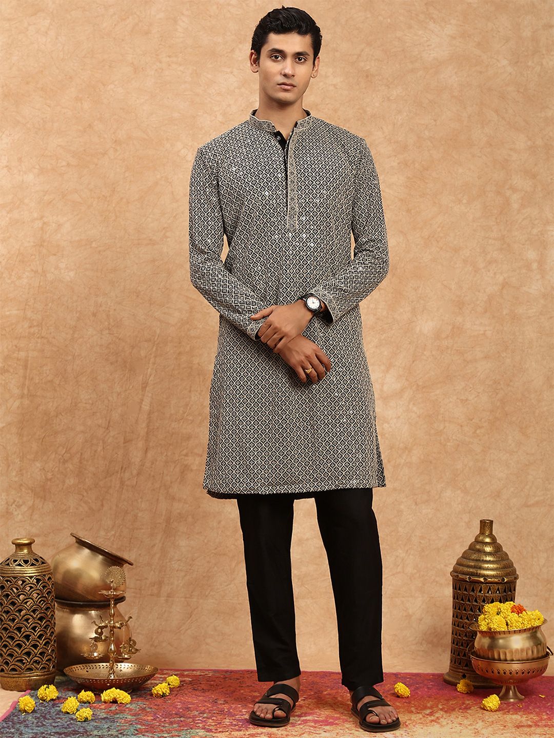 SOURAGYA Men Ethnic Motifs Embroidered Regular Chikankari Kurta with Trousers-picture-42