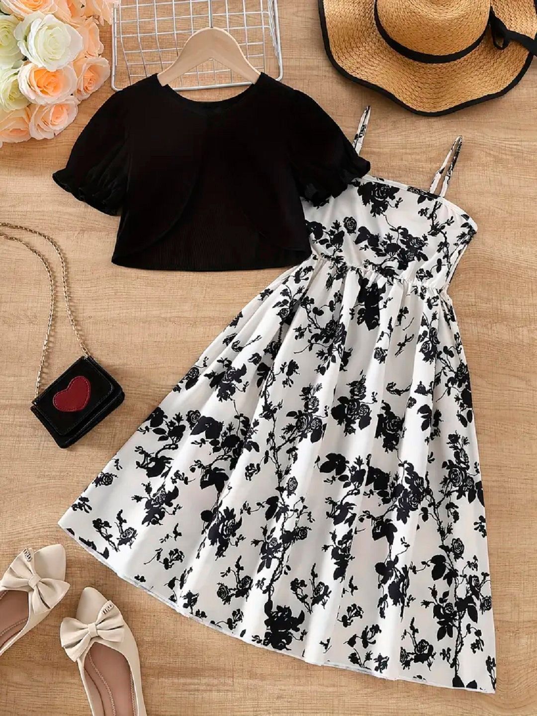 Miss & Chief Girls Floral Printed Gathered Shoulder Straps Monochrome Fit & Flare Dress